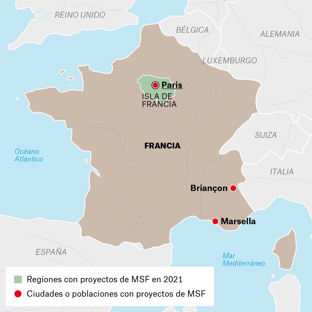 Mapa de actividades de Médicos Sin Fronteras en Francia durante 2021