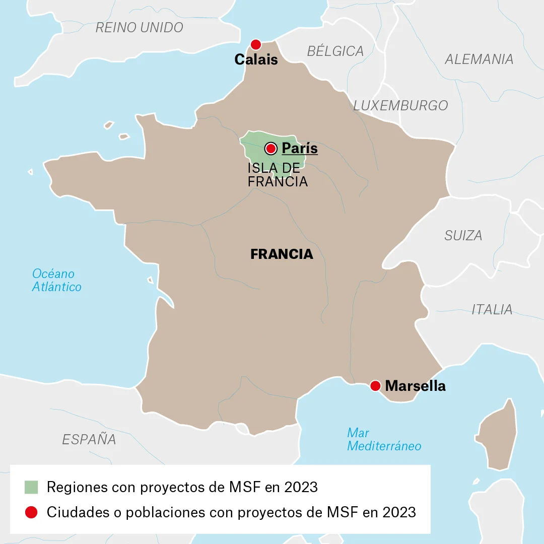 Mapa de lugares donde Médicos Sin Fronteras trabaja en Francia.