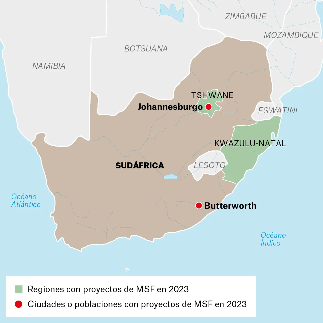 Mapa de actividades de MSF en Sudáfrica