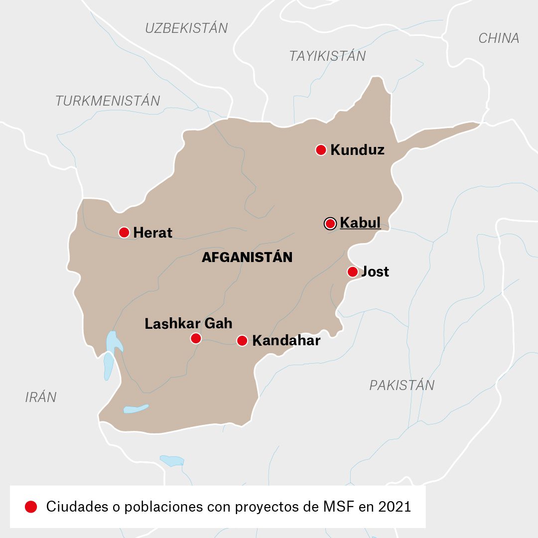 Mapa de actividades médicas y humanitarias de Médicos Sin Fronteras (MSF) en Afganistán durante 2022.