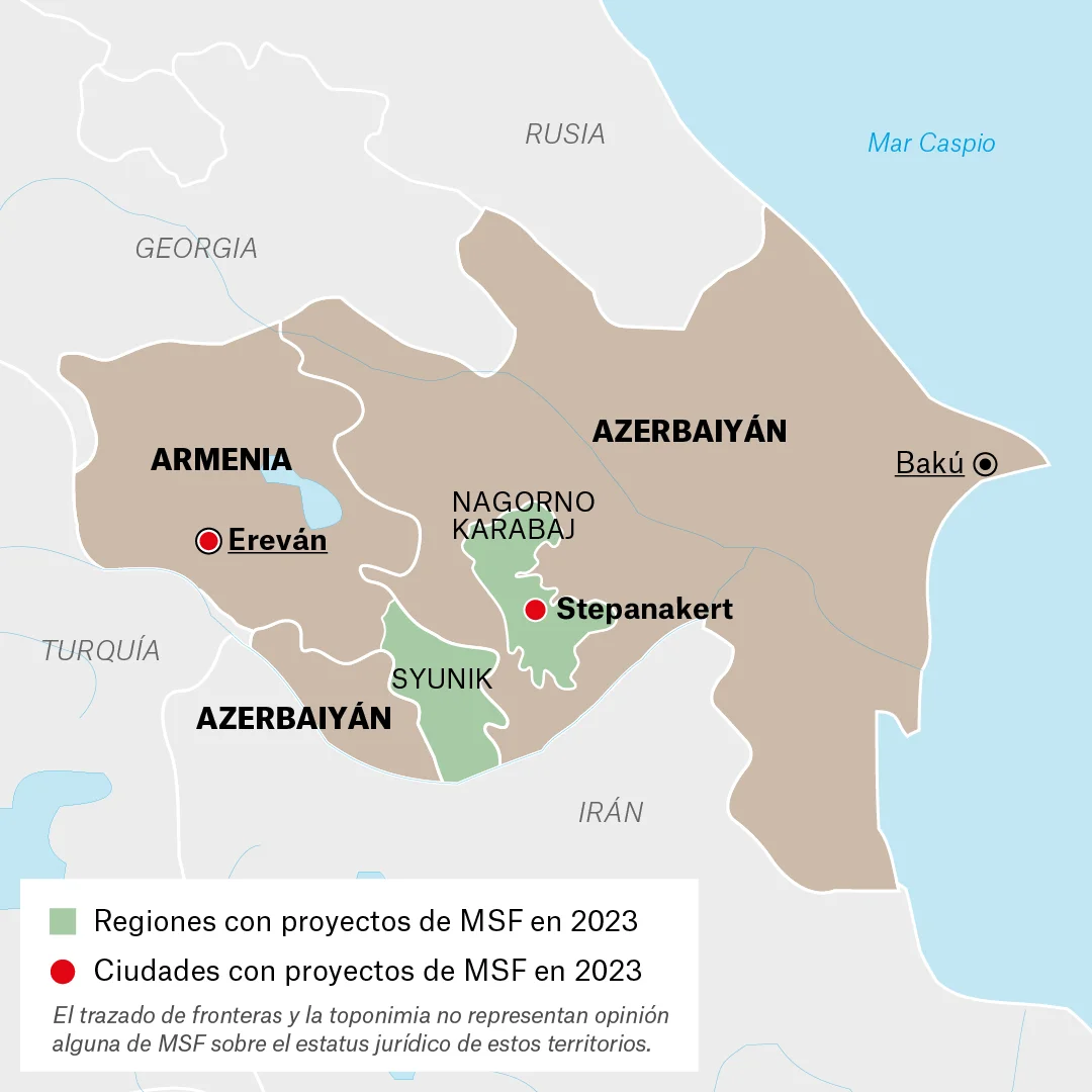 Mapa de actividades de MSF en Armenia y Azerbayán.