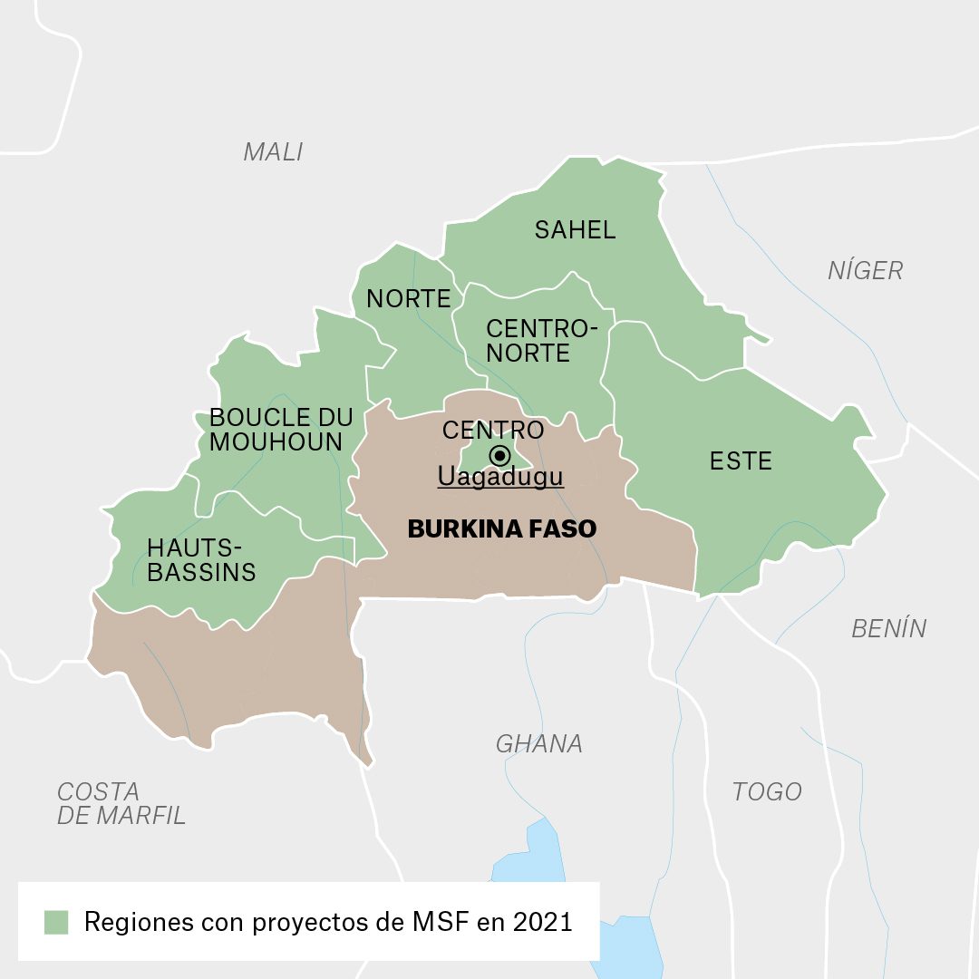 Mapa de actividades de Médicos Sin Fronteras en Burkina Faso durante 2021