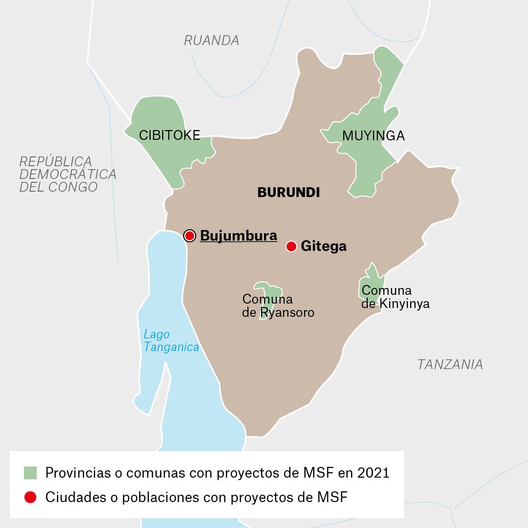 Mapa de actividades de Médicos Sin Fronteras en Burundi durante 2021