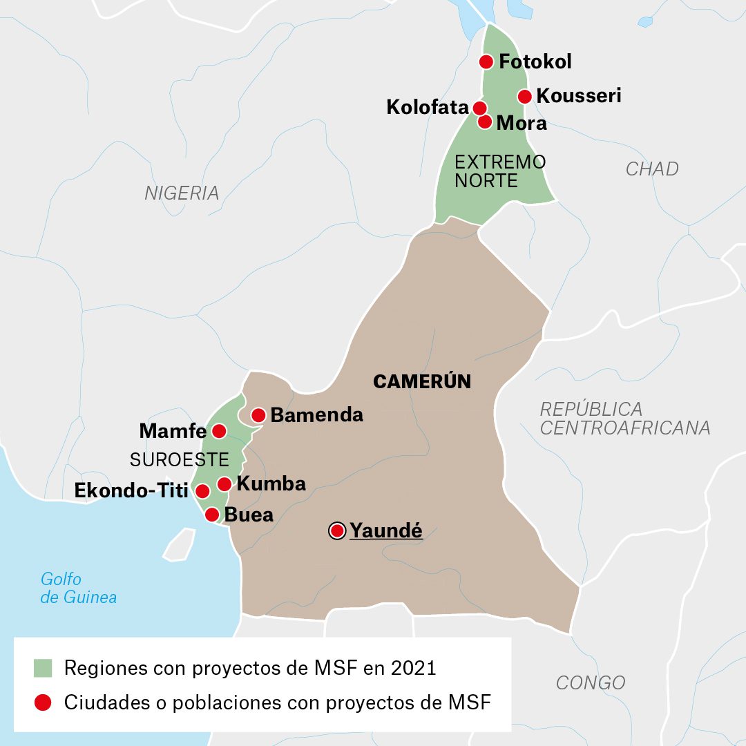 Mapa de actividades de Médicos Sin Fronteras en Camerún durante 2021