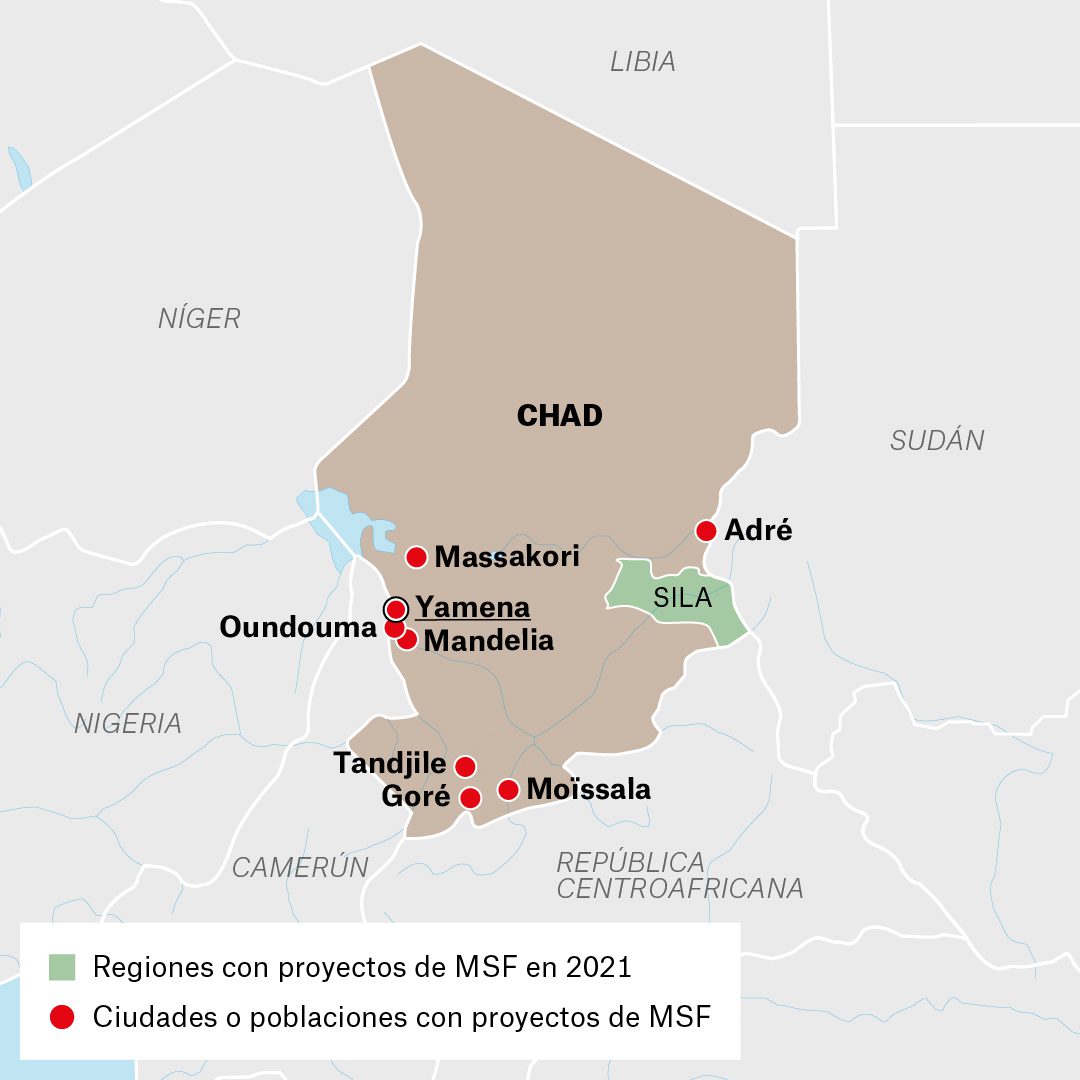 Mapa de las actividades de Médicos Sin Fronteras en Chad durante 2021
