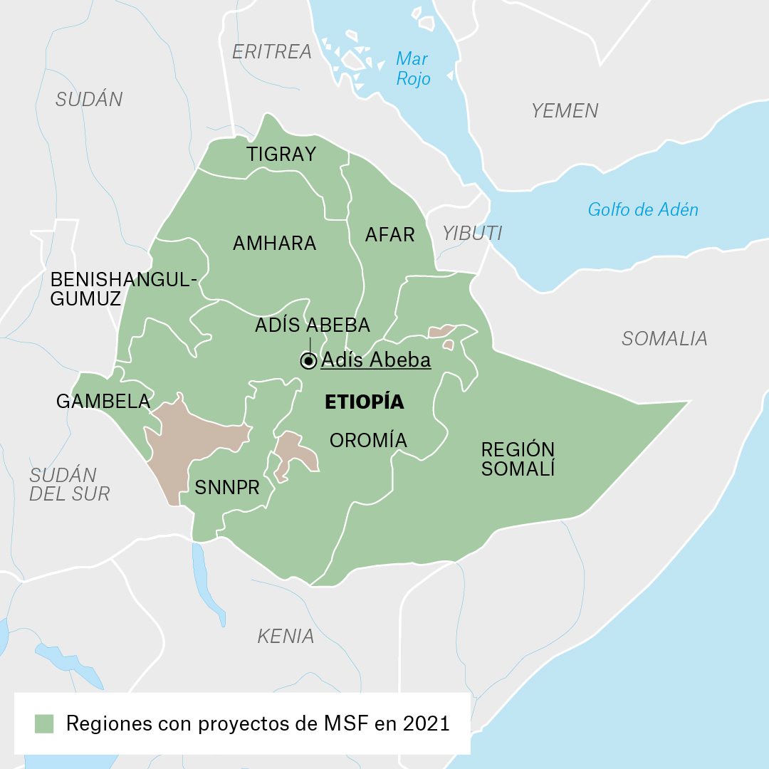 Mapa de las actividades de Médicos Sin Fronteras en Etiopía durante 2021