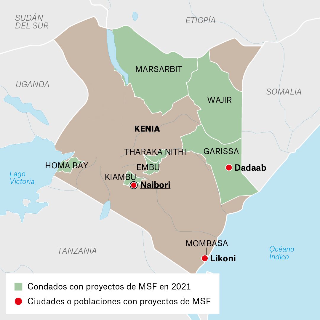 Mapa de actividades de Médicos Sin Fronteras en Kenia durante 2021