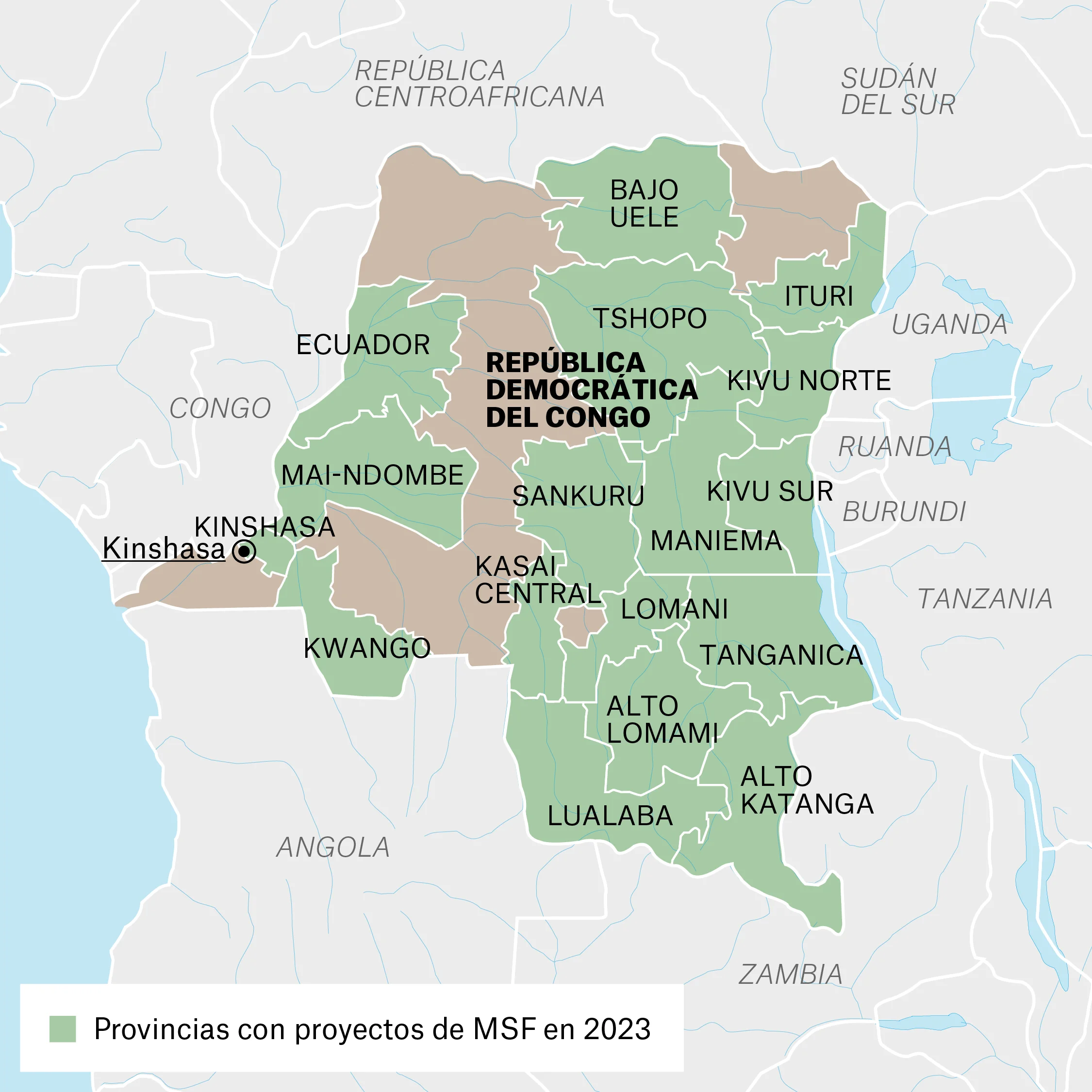 Mapa de actividades de MSF en la República Democrática del Congo.