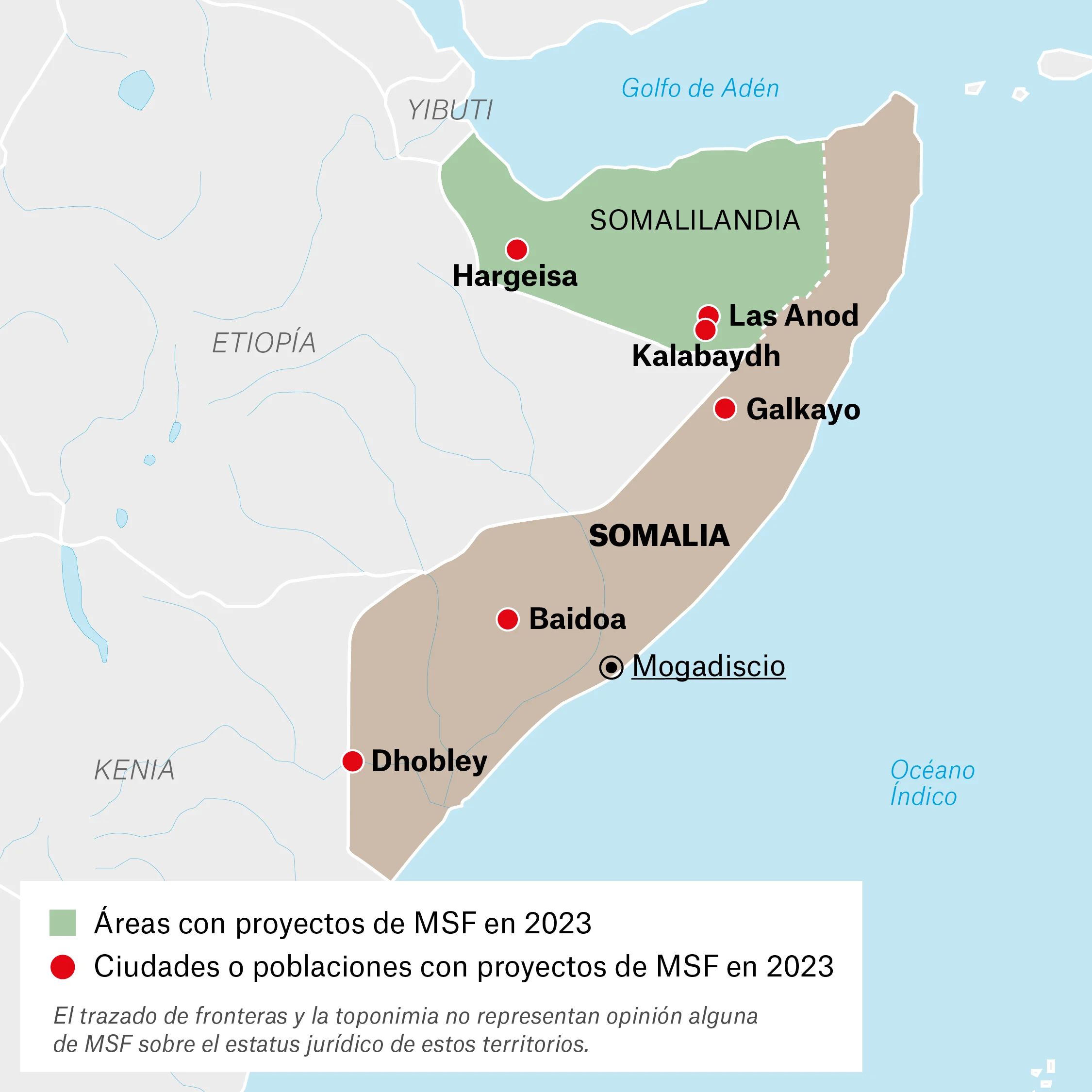 Mapa de actividades de MSF en Somalia y Somalilandia