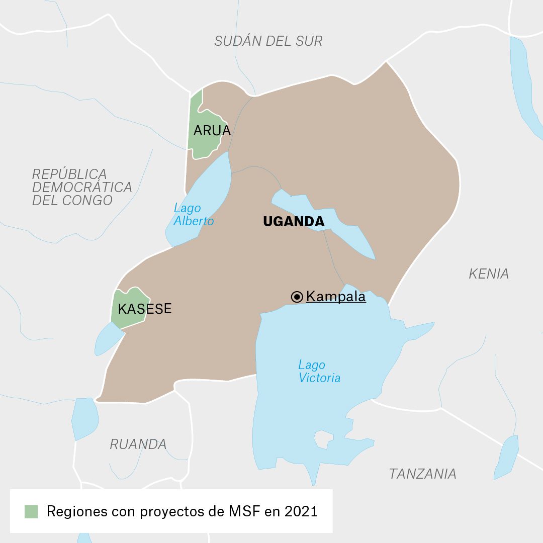 Mapa de actividades de Médicos Sin Fronteras en Uganda durante 2021