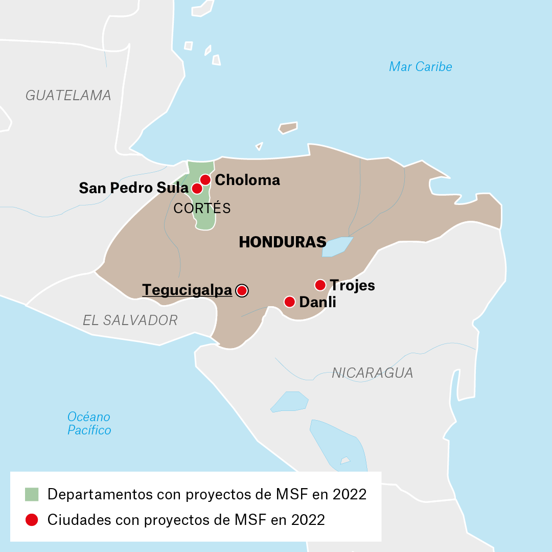 Mapa de actividades Médicos Sin Fronteras en Honduras IAR 2022.png