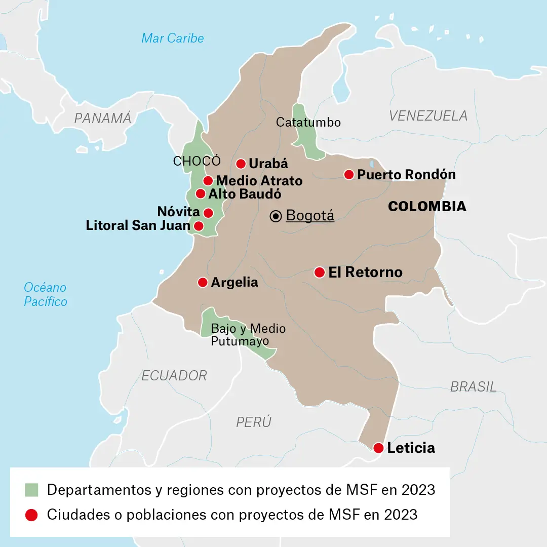 Mapa de actividades Médicos Sin Fronteras en Colombia en 2023.