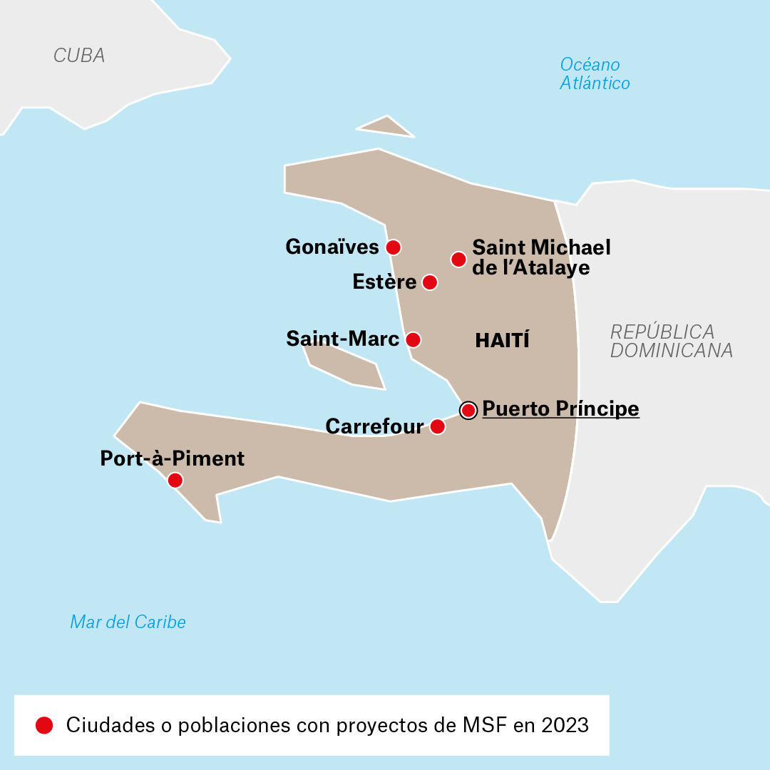 Mapa de actividades Médicos Sin Fronteras en Haití en 2023.