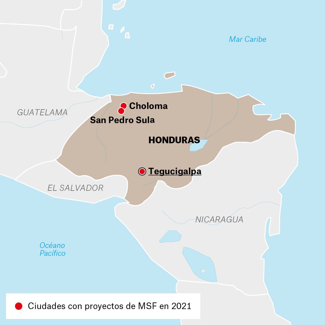 Mapa de actividades de Médicos Sin Fronteras en Honduras durante 2021