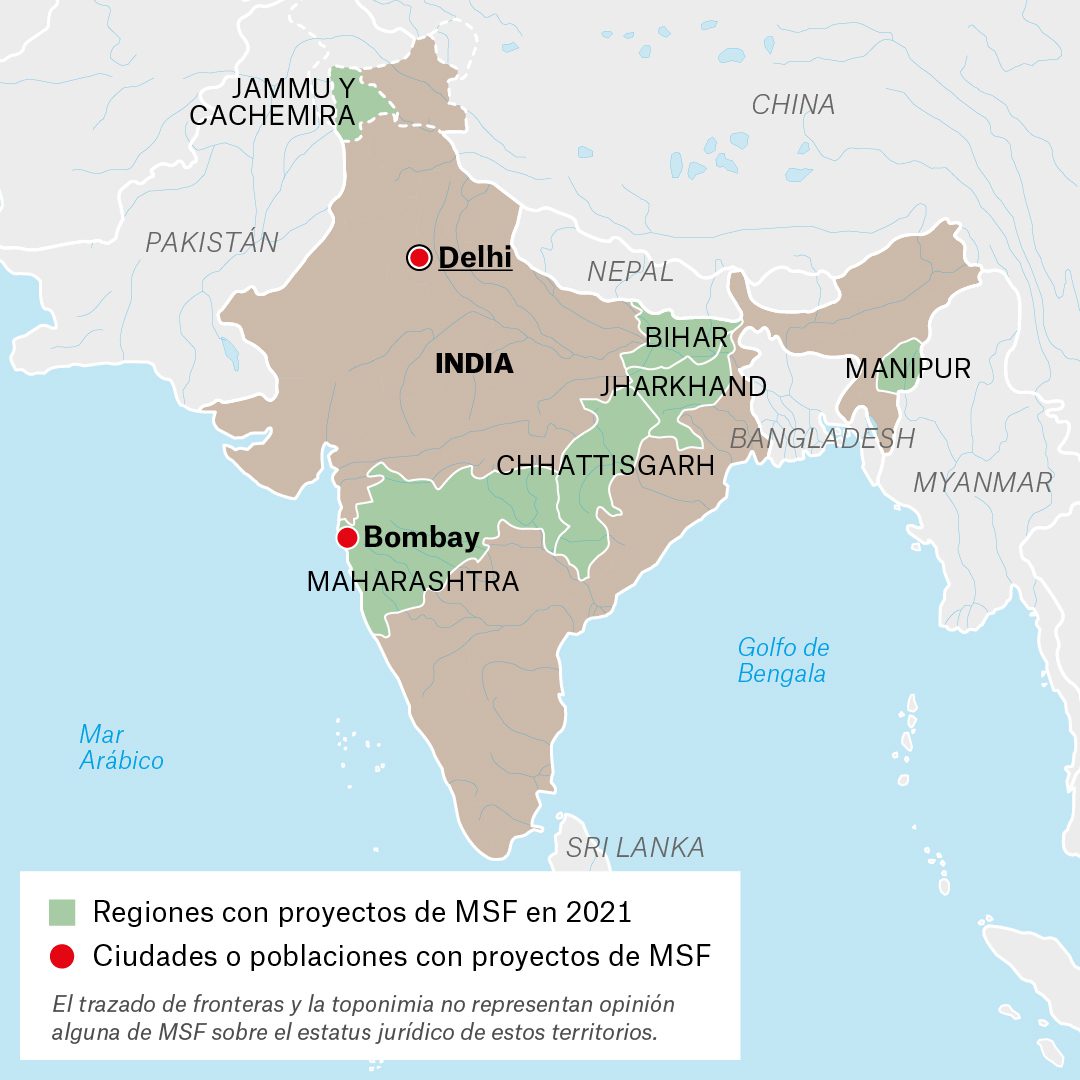 Mapa de actividades de Médicos Sin Fronteras en India durante 2021