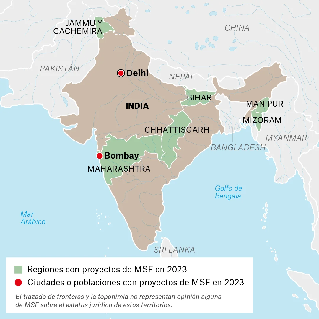 Mapa de lugares donde Médicos Sin Fronteras (MSF) trabaja en India.