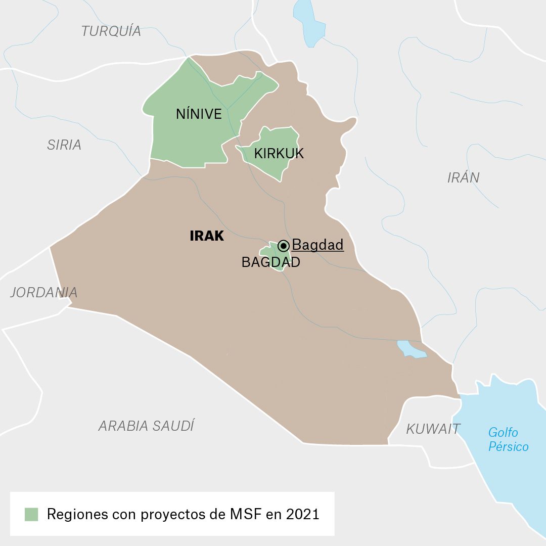 Mapa de actividades de Médicos Sin Fronteras en Irak durante 2021