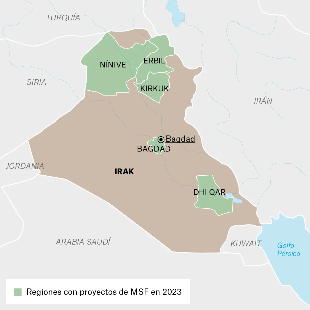 Mapa de lugares donde Médicos Sin Fronteras (MSF) trabaja en Irak.