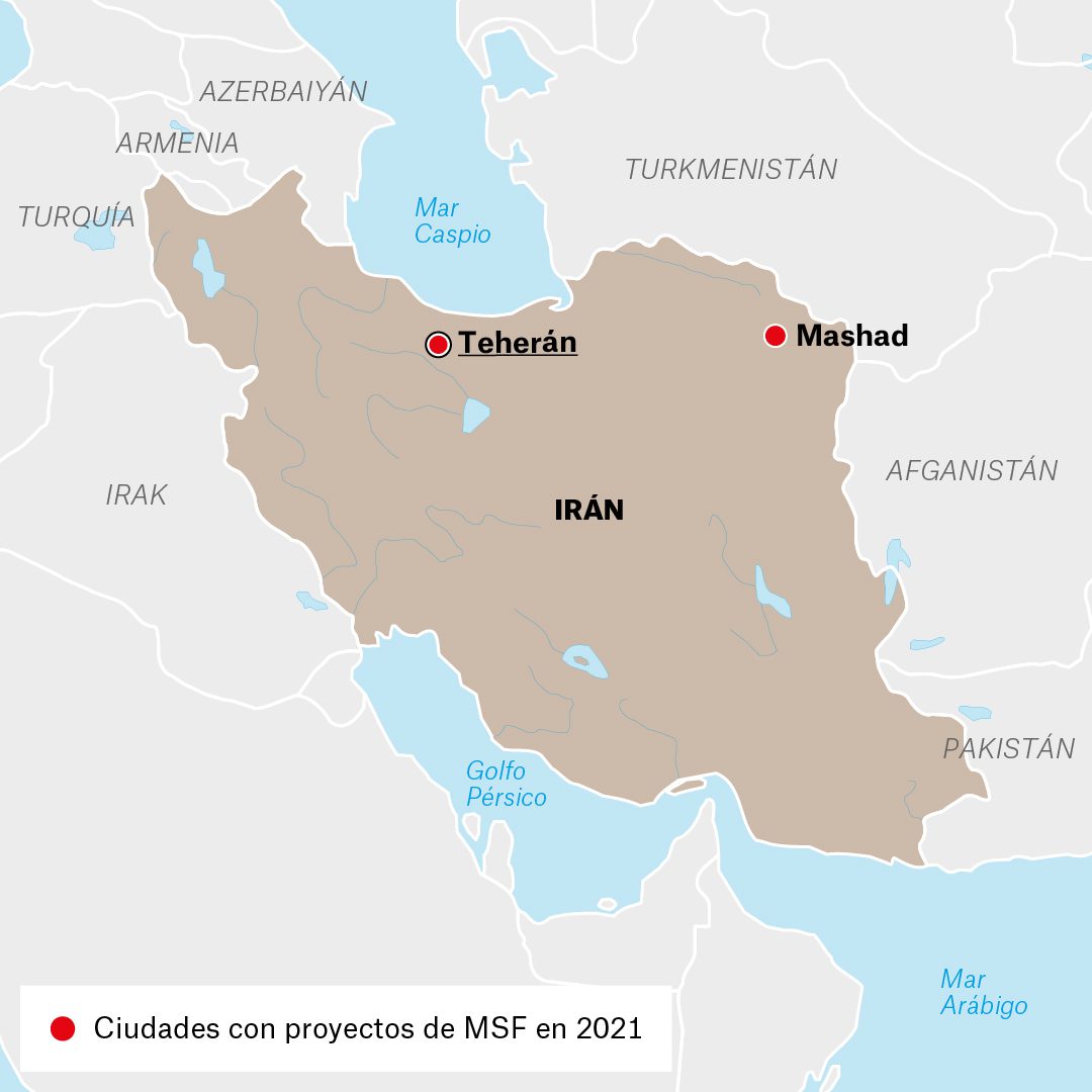 Mapa de actividades de Médicos Sin Fronteras en Irán durante 2021