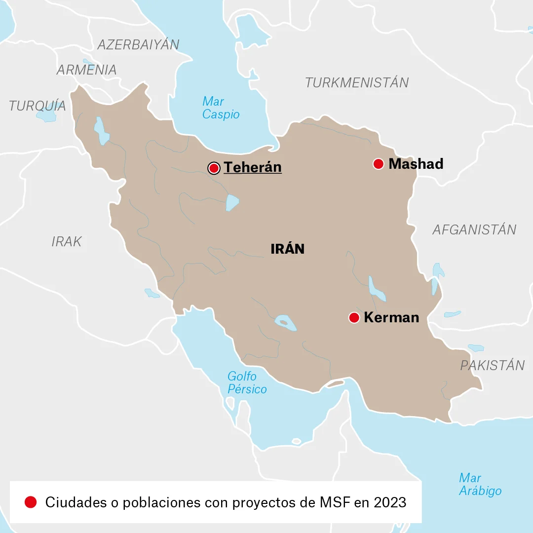 Mapa de lugares donde Médicos Sin Fronteras (MSF) trabaja en Irán. 