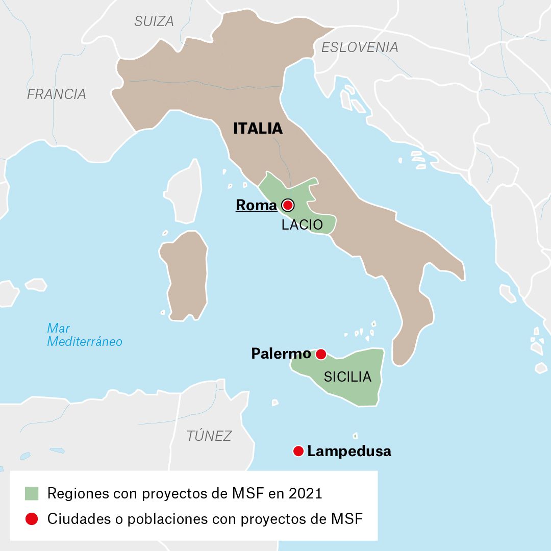 Mapa de actividades de Médicos Sin Fronteras en Italia durante 2021