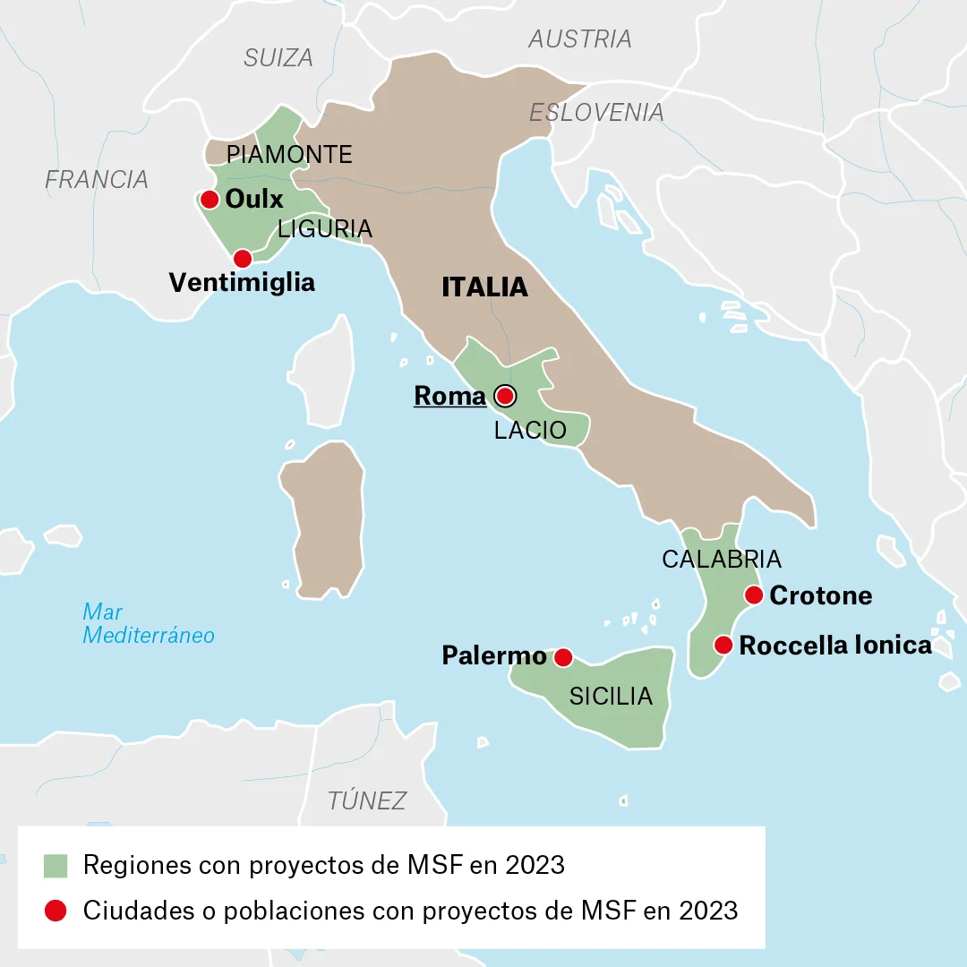 Mapa de lugares donde Médicos Sin Fronteras (MSF) trabaja en Italia.