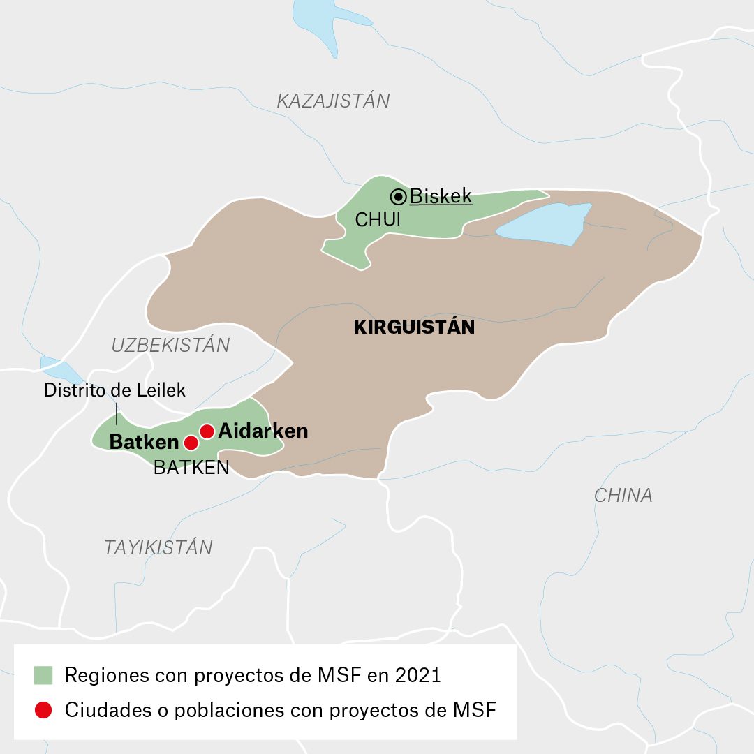 Mapa de actividades de Médicos Sin Fronteras en Kirguistán durante 2021