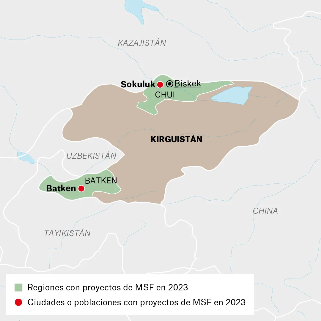Mapa de lugares donde Médicos Sin Fronteras (MSF) trabaja en Kirguistán.