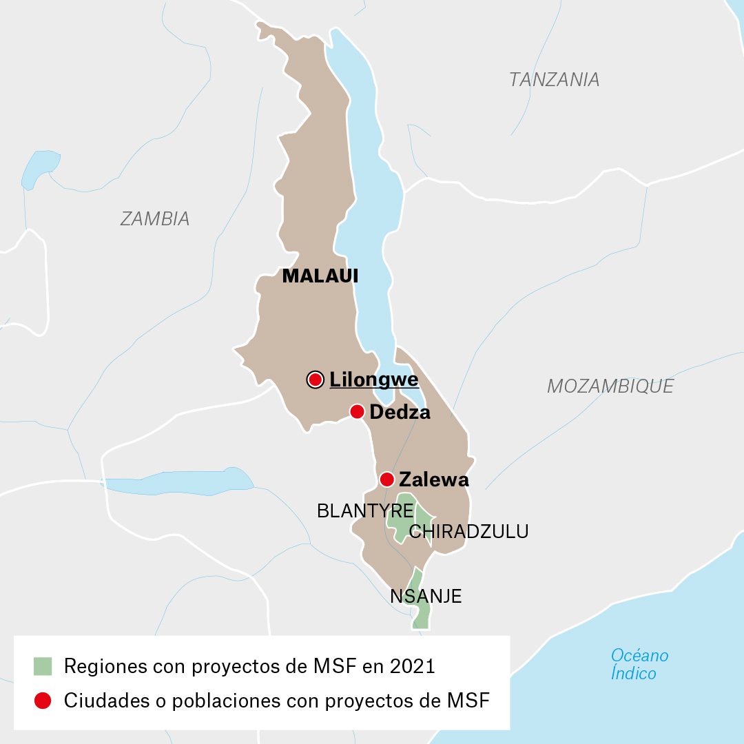 Mapa de actividades de Médicos Sin Fronteras en Malawi durante 2021