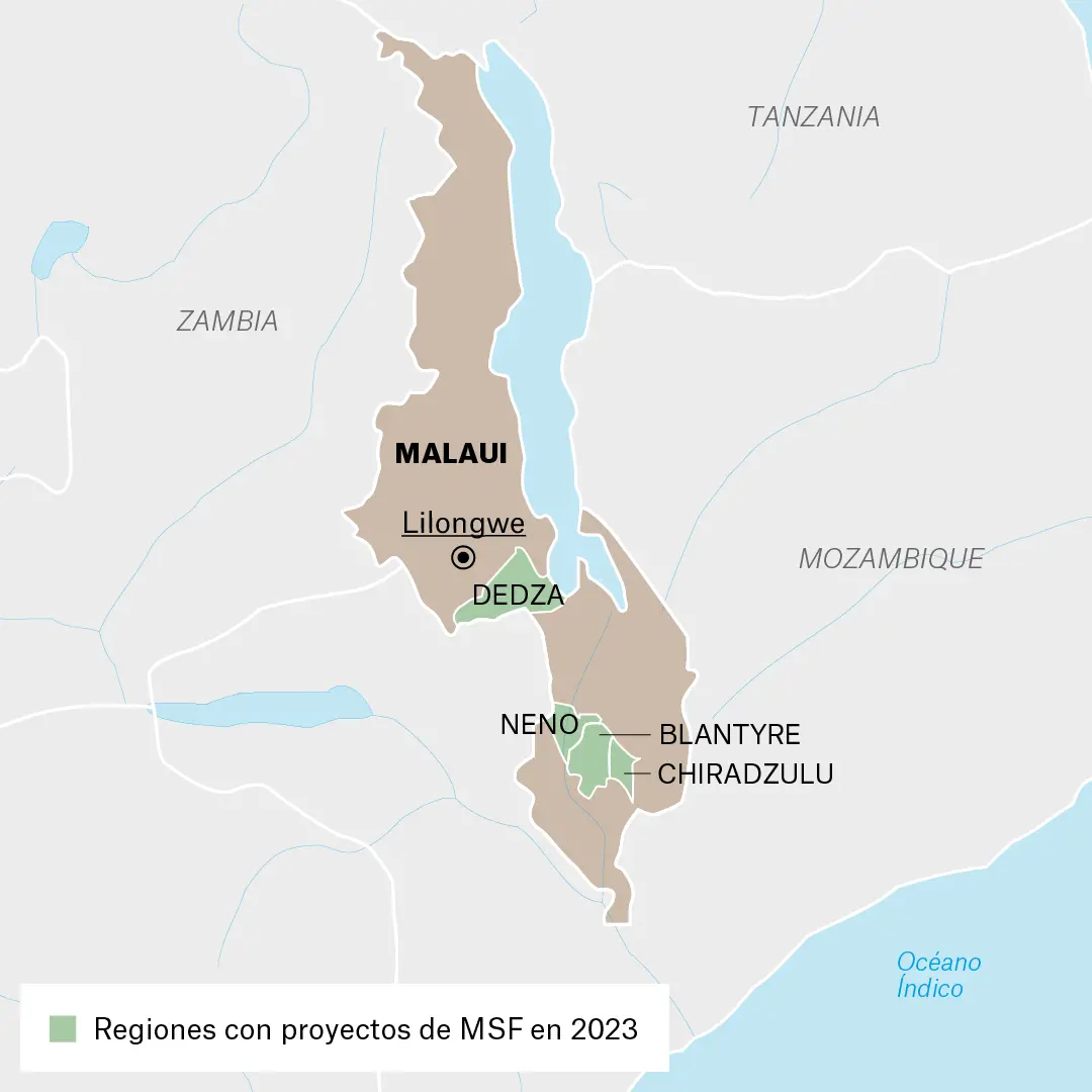 Mapa de actividades de Médicos Sin Fronteras en Malawi.
