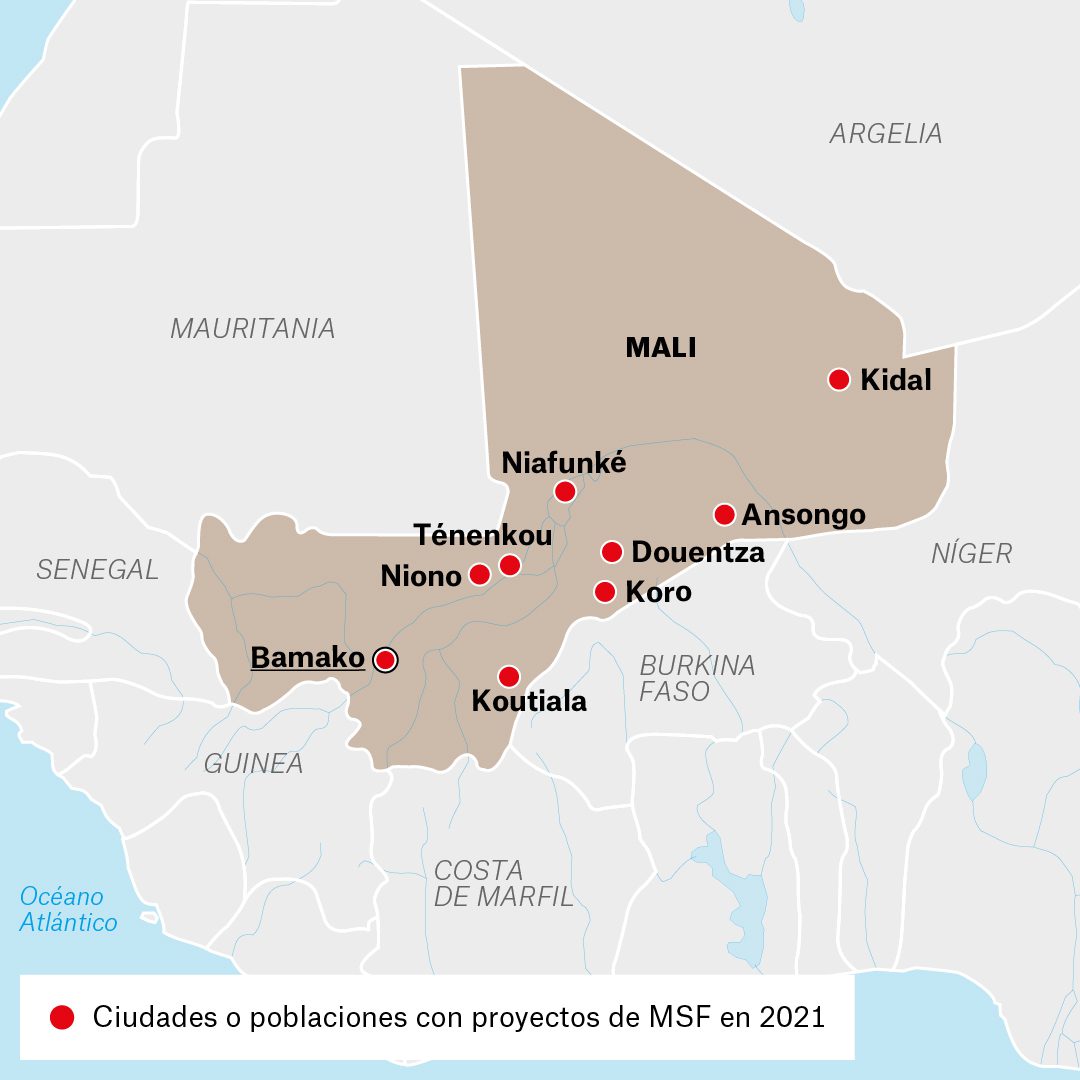 Mapa de actividades de Médicos Sin Fronteras en Mali durante 2021