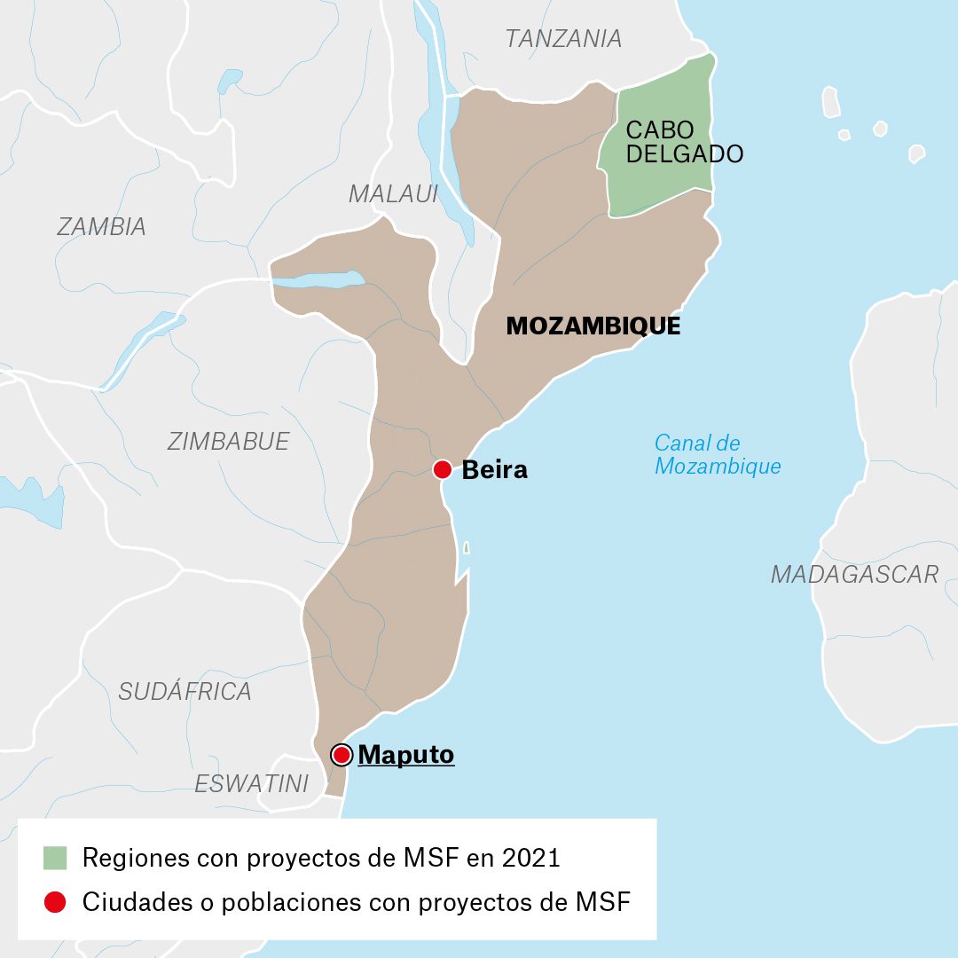 Mapa de actividades de Médicos Sin Fronteras en Mozambique durante 2021