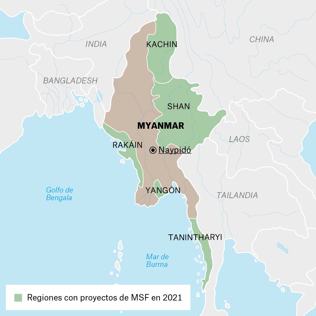  Mapa de actividades de Médicos Sin Fronteras en Maynmar durante 2021