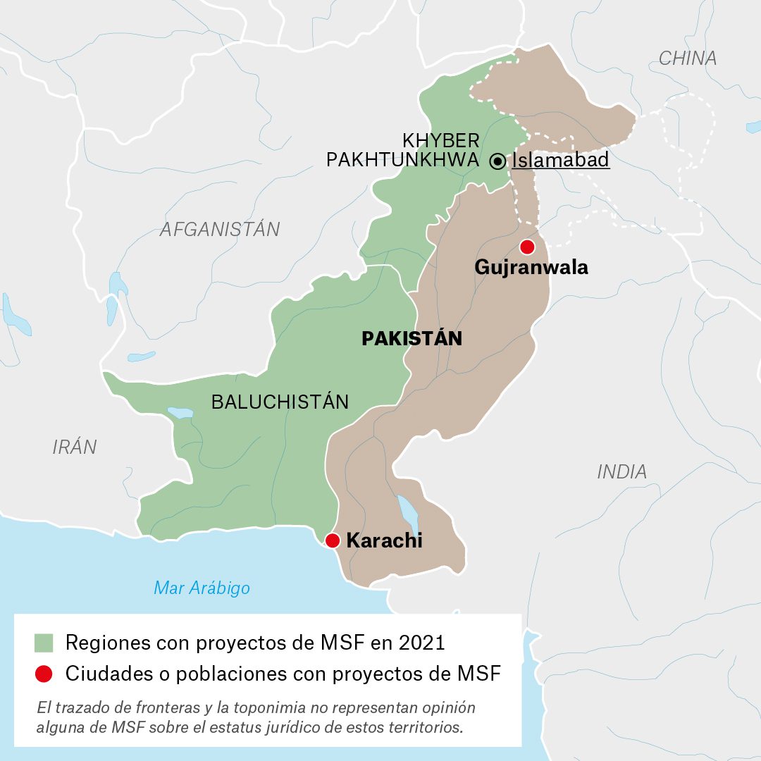 Mapa de actividades de Médicos Sin Fronteras en Pakistán durante 2021
