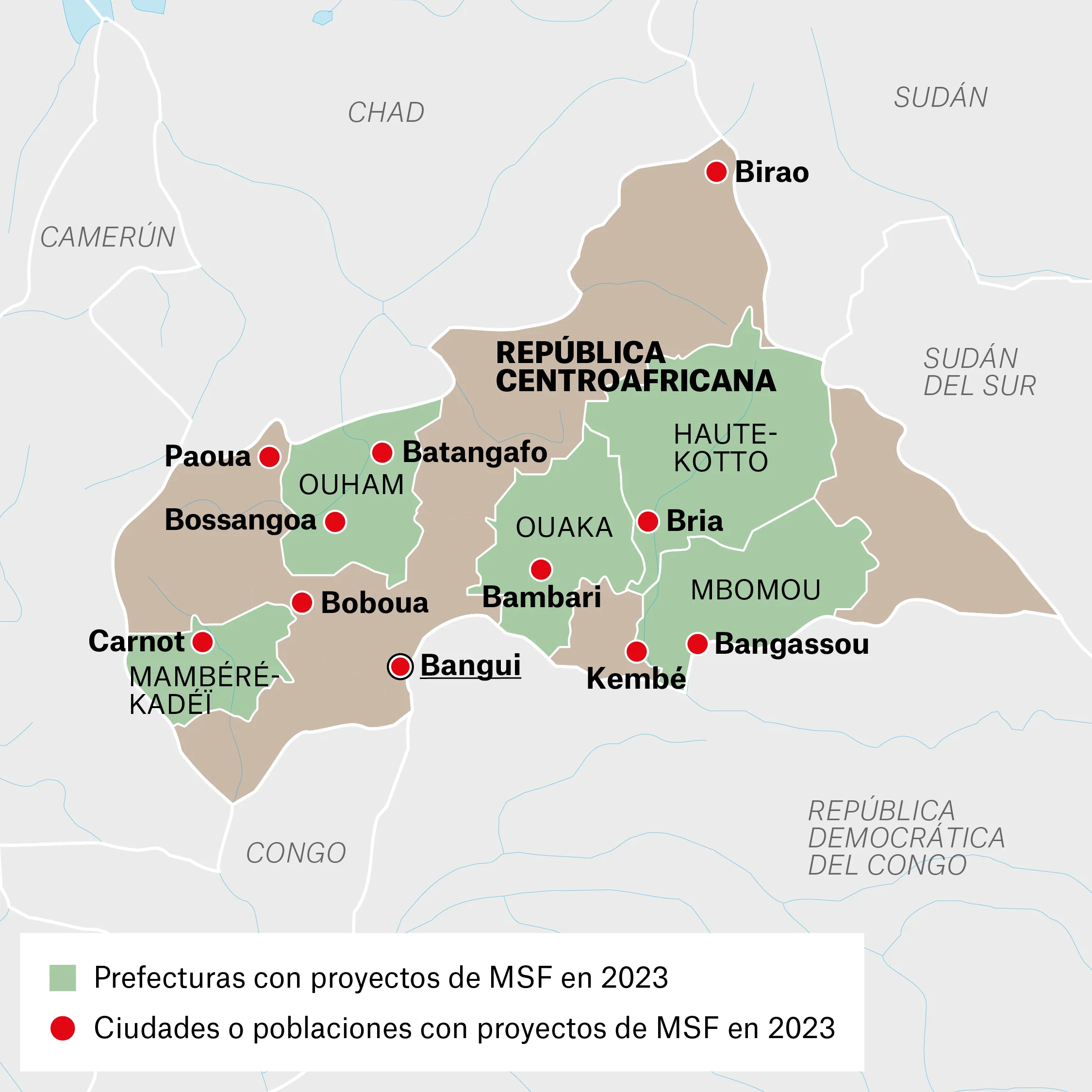 Mapa de actividades de MSF en República Centroafricana
