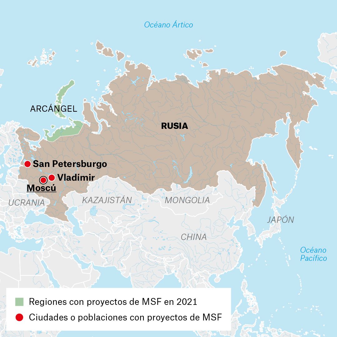 Mapa de actividades de Médicos Sin Fronteras en Rusia durante 2021