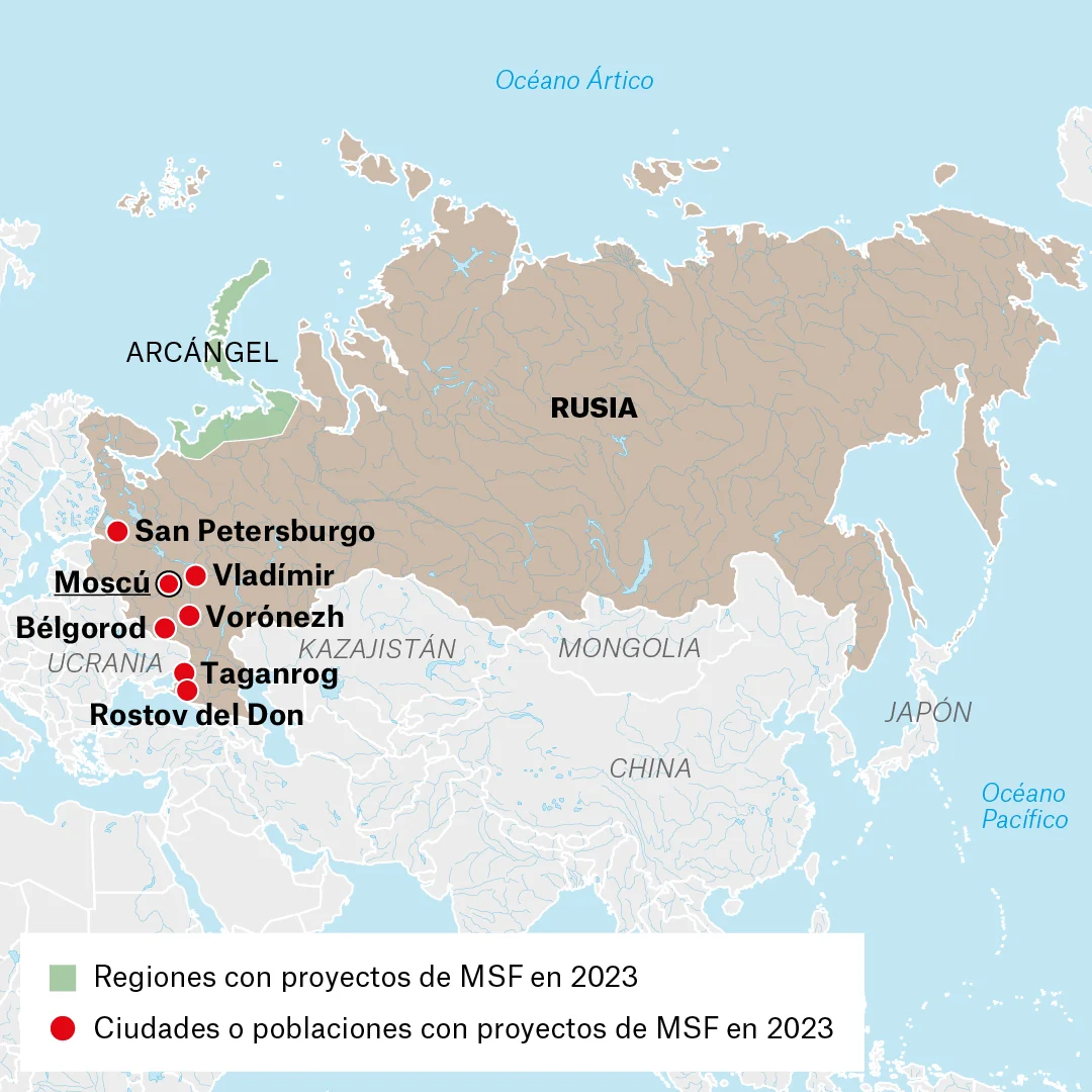 Mapa de lugares donde Médicos Sin Fronteras (MSF) trabaja en Rusia