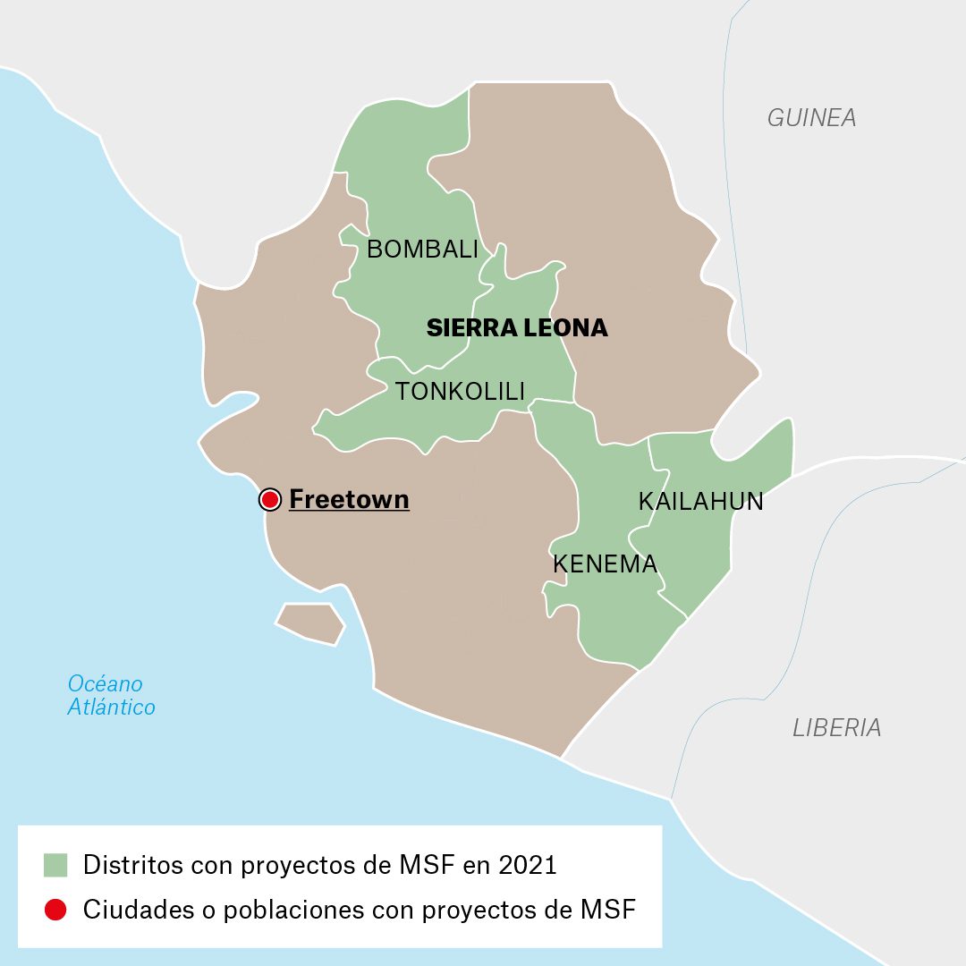 Mapa de actividades de Médicos Sin Fronteras en Sierra Leona durante 2021