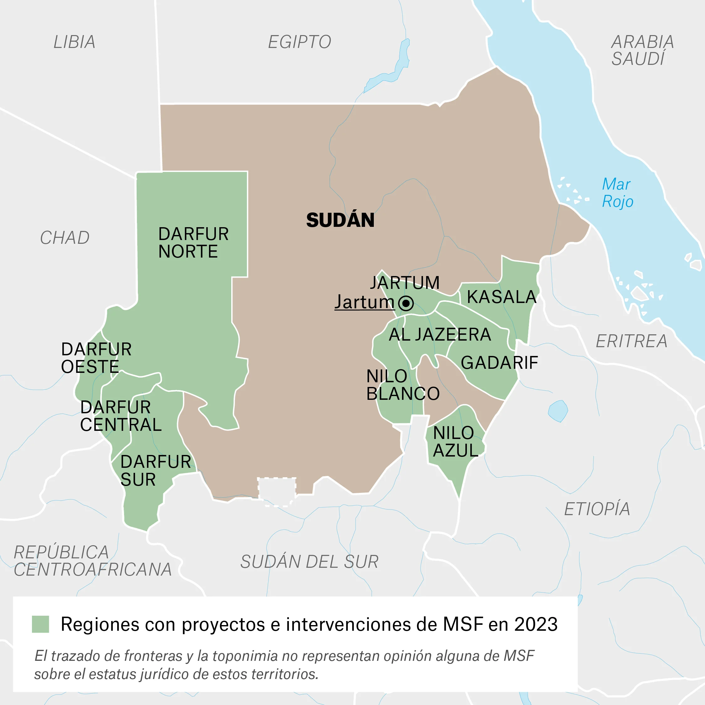 Mapa de actividades de MSF en Sudán.
