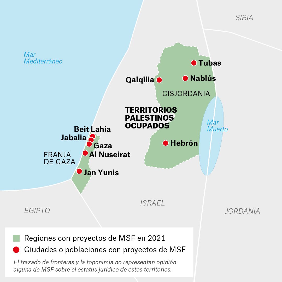 Mapa de actividades de Médicos Sin Fronteras en Territorios Palestinos Ocupados durante 2021