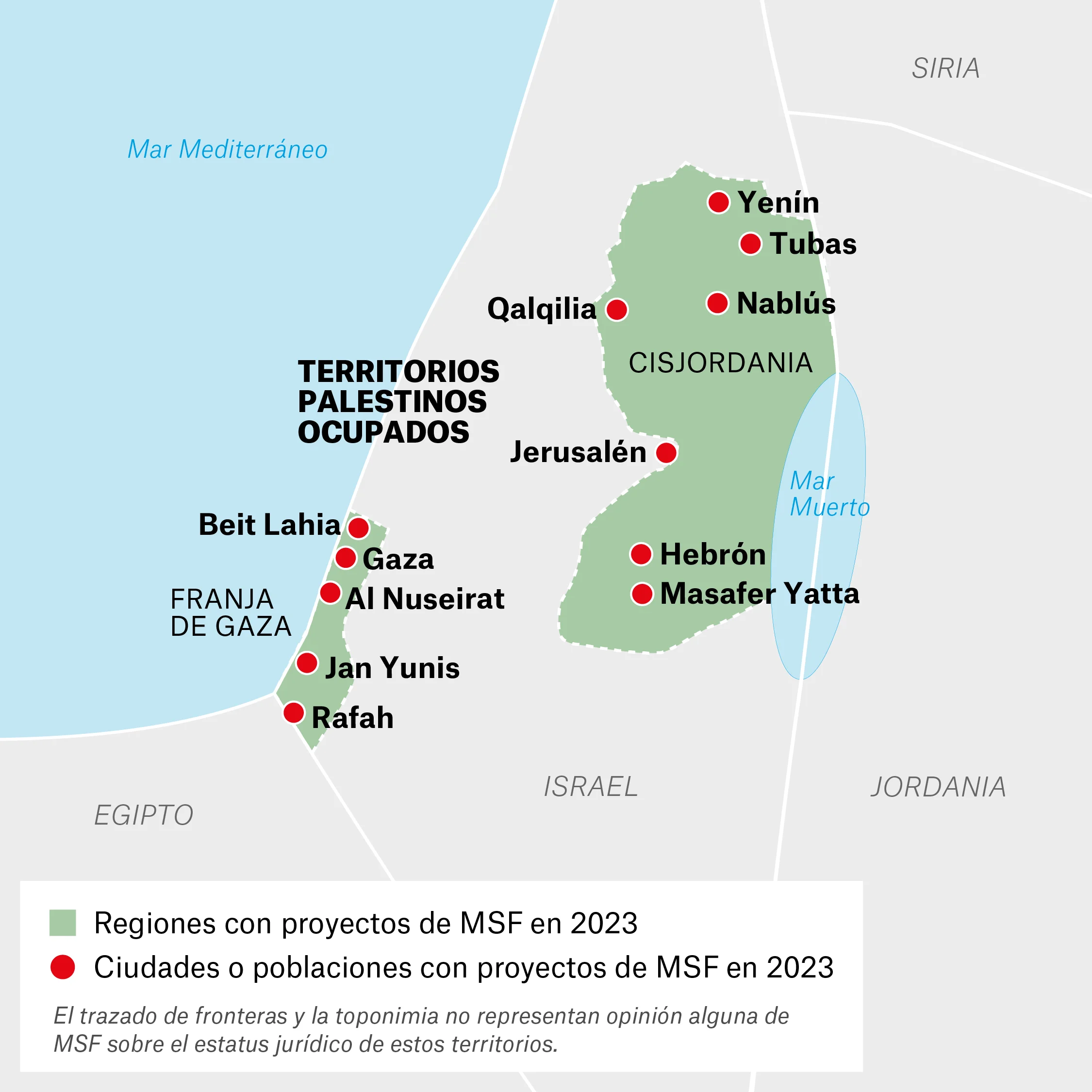 Mapa de lugares donde Médicos Sin Fronteras (MSF) trabaja en los Territorios Palestinos Ocupados. (Gaza, Cisjordania)