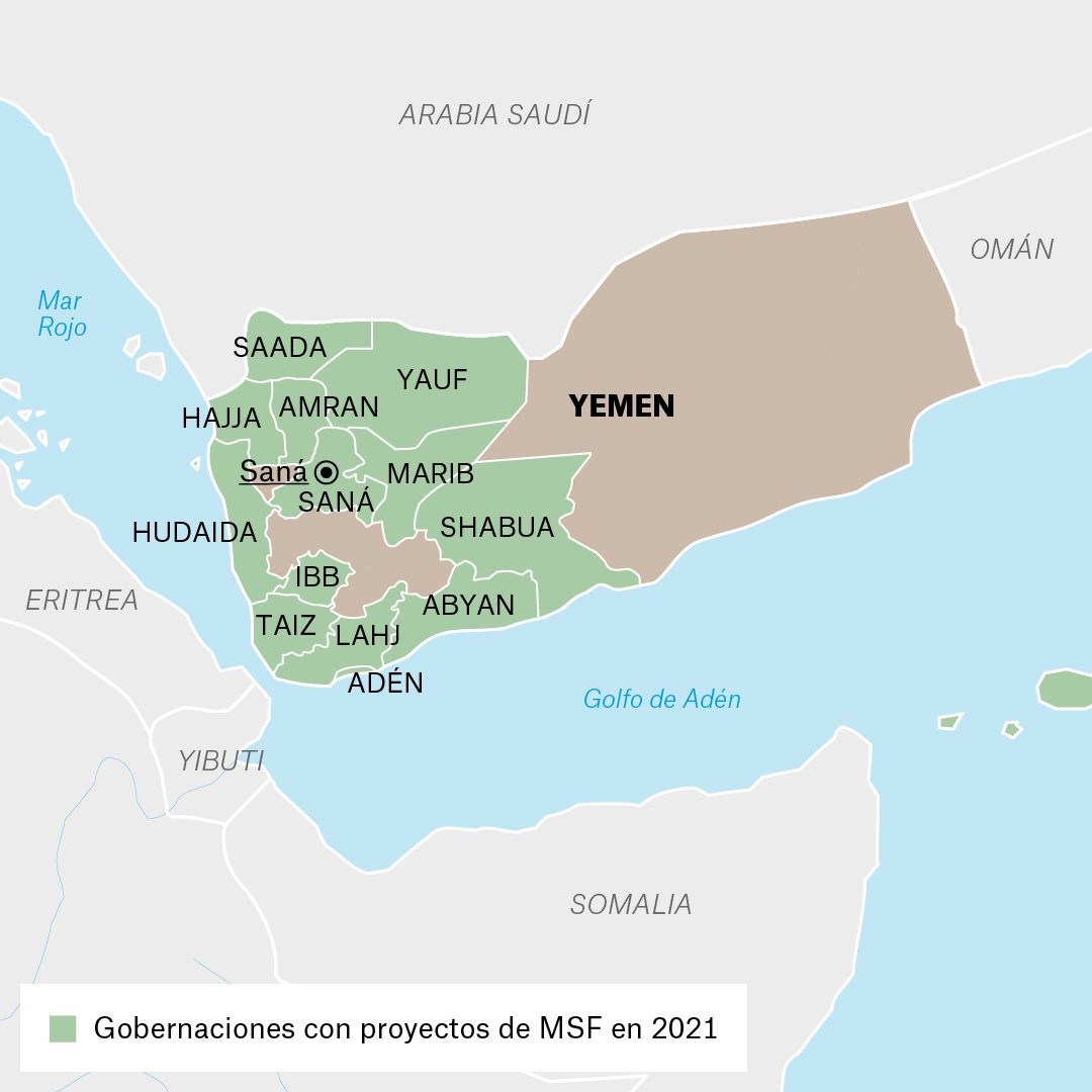 Mapa de actividades de Médicos Sin fronteras en Yemen durante 2021
