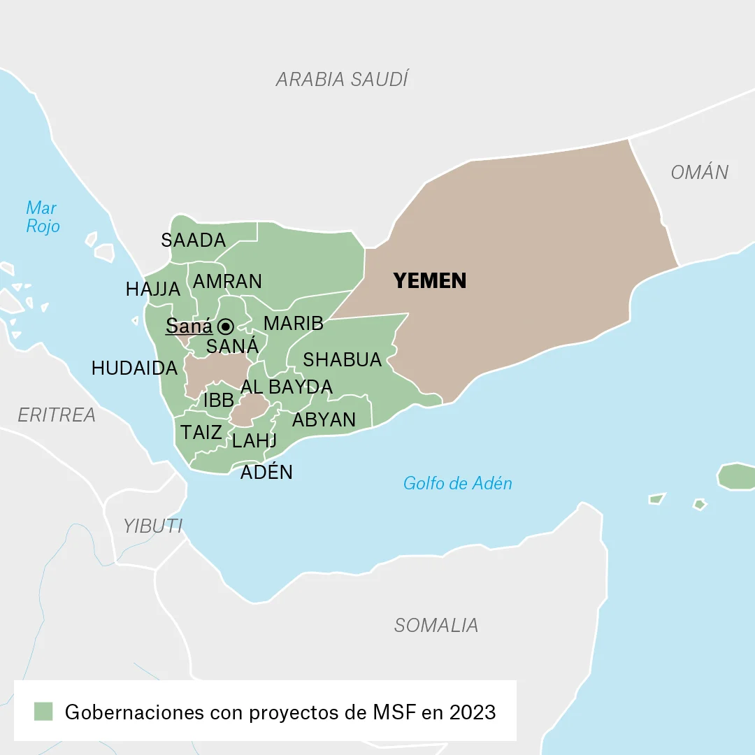 Mapa de lugares donde Médicos Sin Fronteras (MSF) trabaja en Yemen.