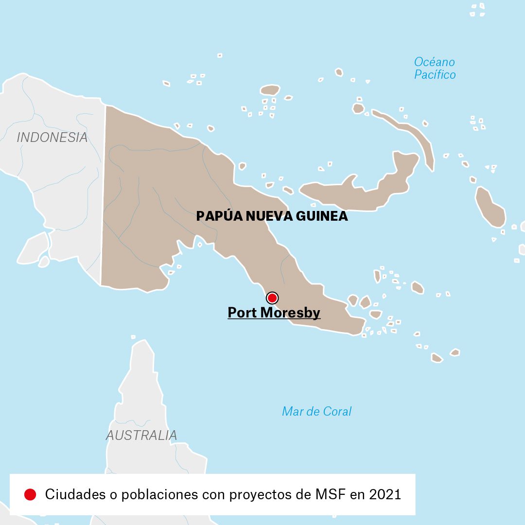 Mapa de actividades de Médicos Sin Fronteras en Papúa Nueva Guinea durante 2021