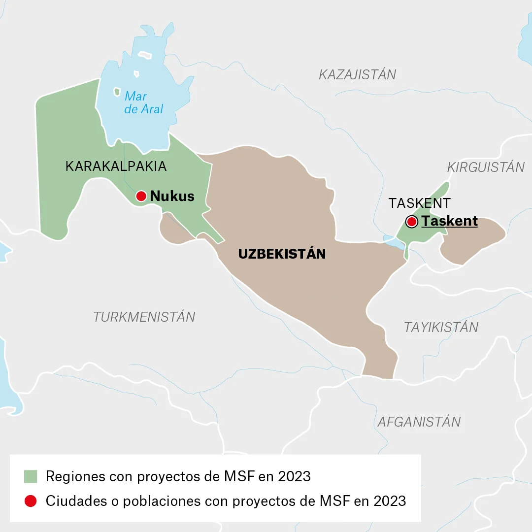 Mapa de lugares donde Médicos Sin Fronteras (MSF) trabaja en Uzbekistán. 