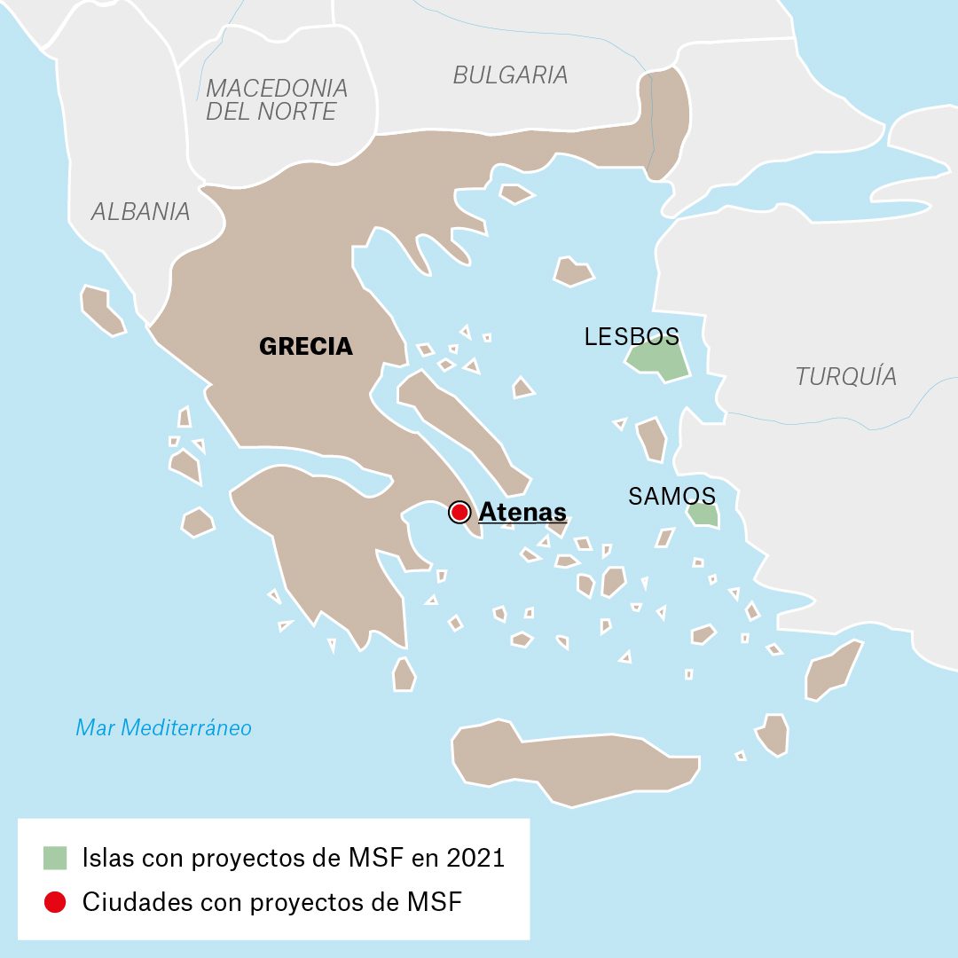 Mapa de actividades de Médicos Sin Fronteras en Grecia durante 2021