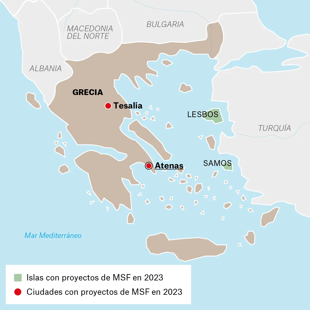 Mapa de lugares donde Médicos Sin Fronteras trabaja en Grecia.