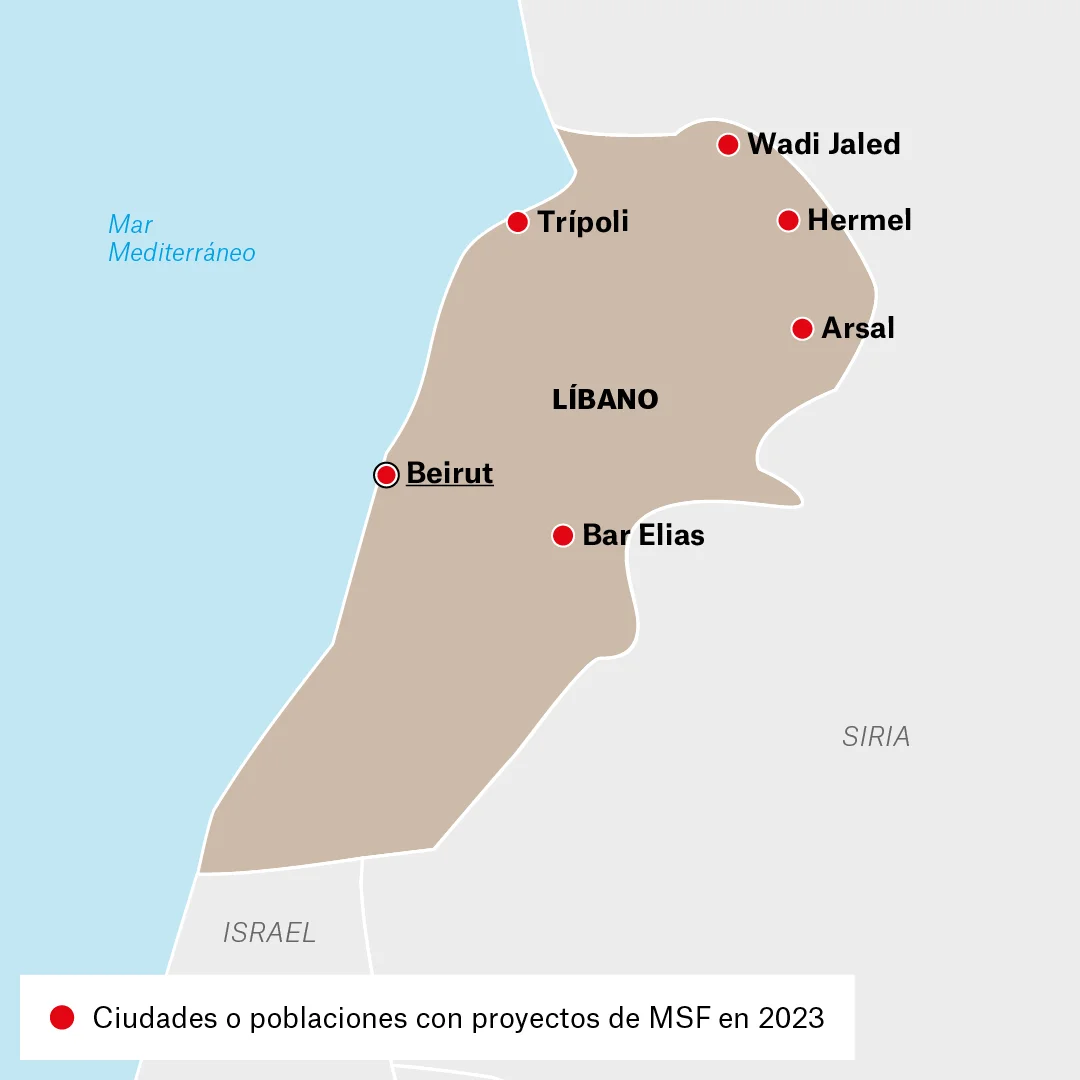 Mapa de actividades de MSF en Líbano.