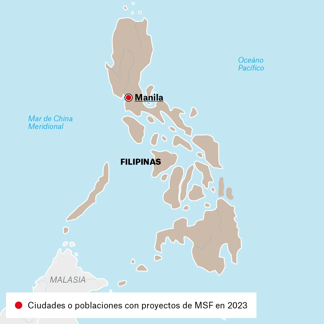 Mapa de lugares donde Médicos Sin Fronteras (MSF) trabaja en Filipinas. 