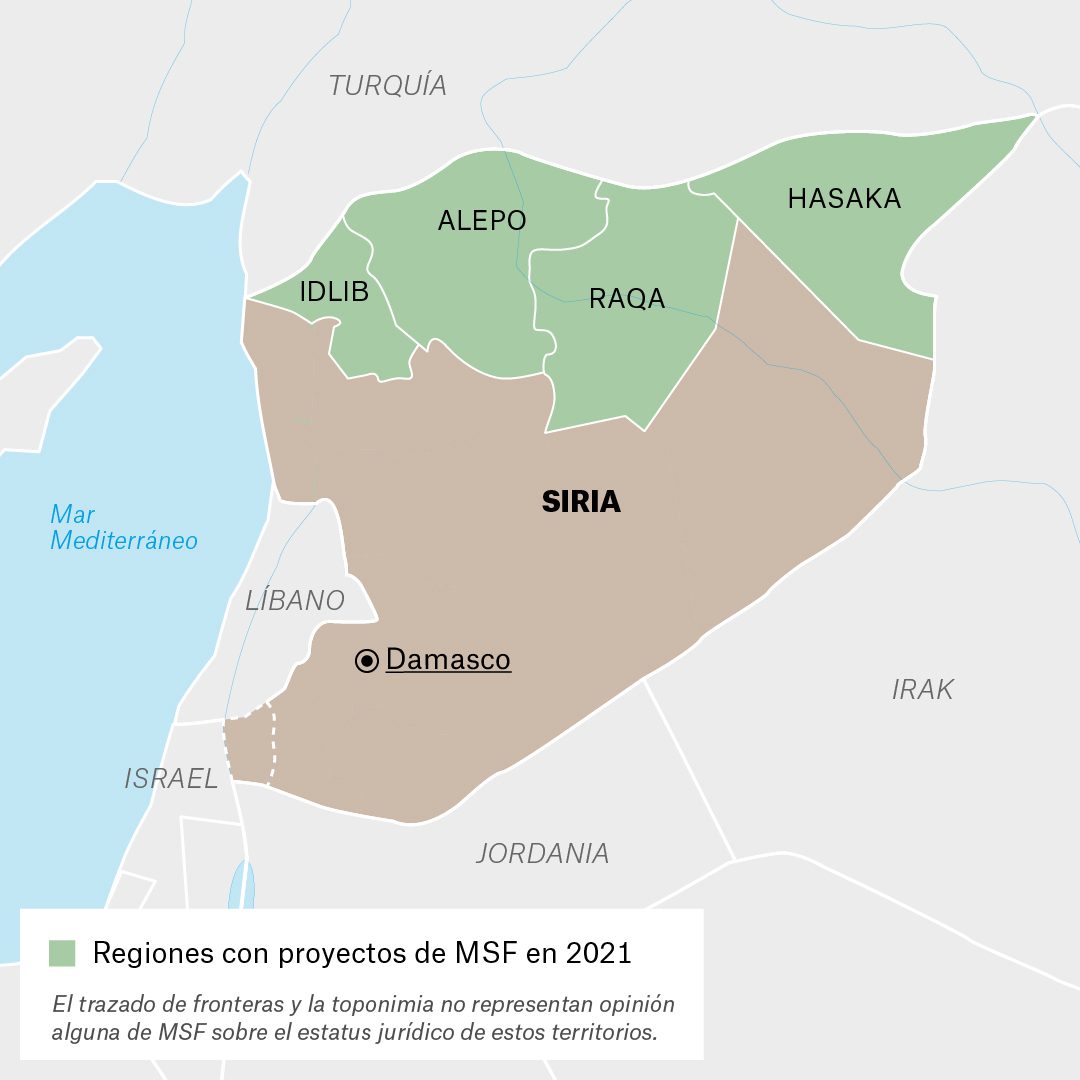 Mapa de actividades de Médicos Sin Fronteras en Siria durante 2021